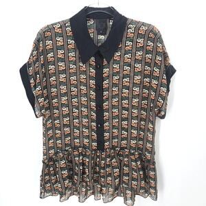 Anna Sui Silk Blouse Y2K Sheer Cat Print Ruffle Tier Pullover Button Front Large